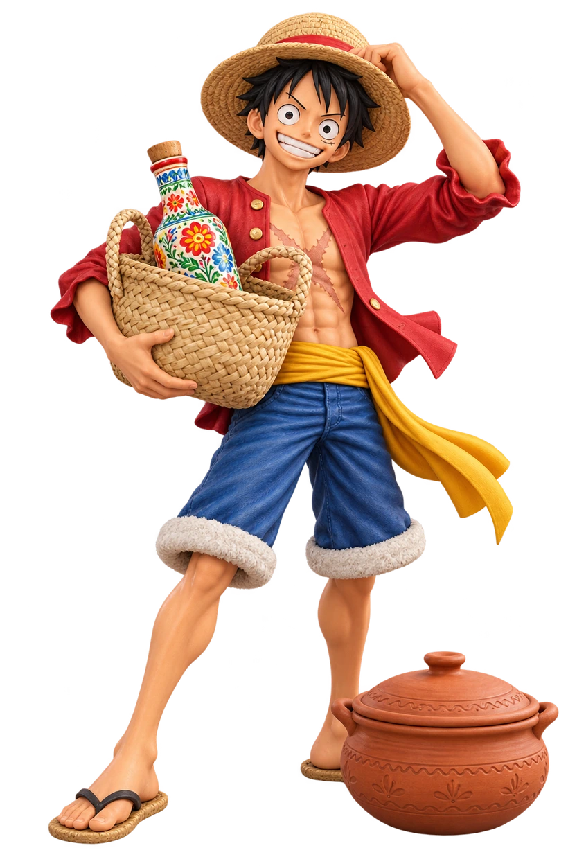 Luffy holding a handmade palm-leaf basket with bottle art and terracotta cookware