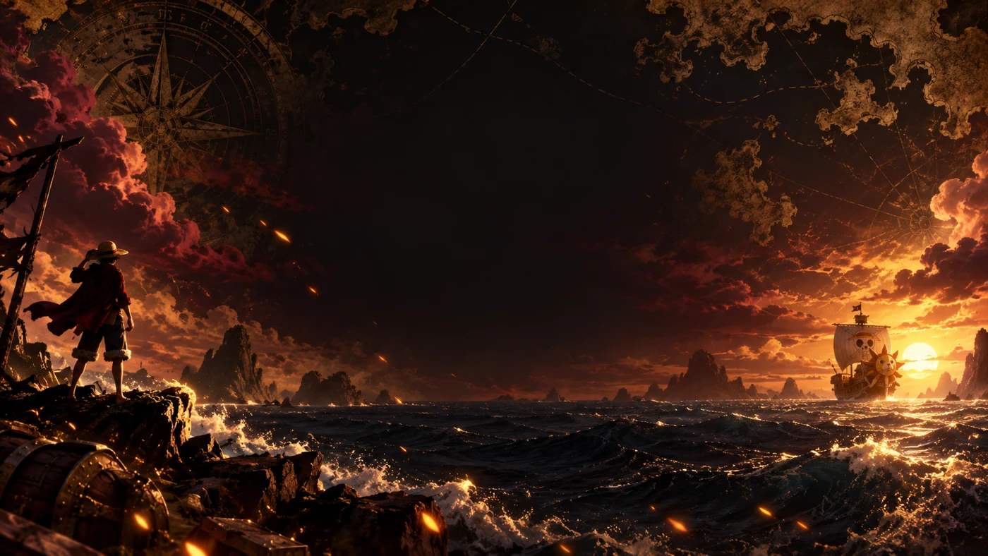 Cinematic anime sea and pirate ship scene
