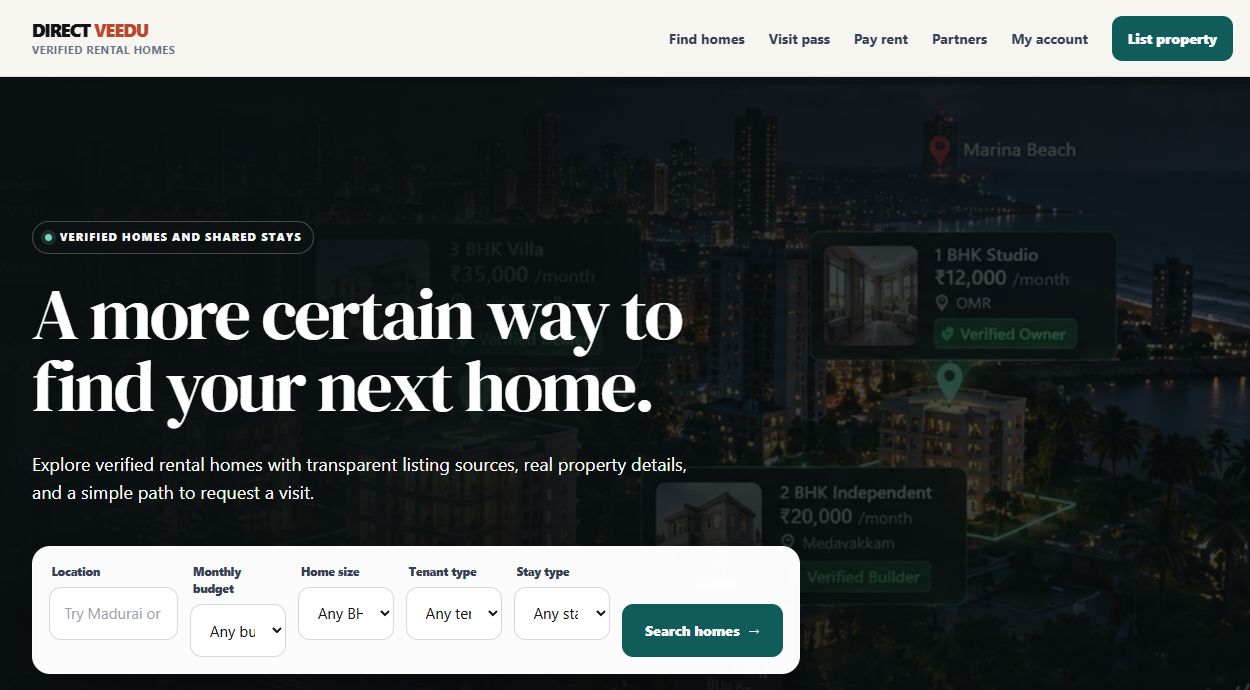 Direct Veedu desktop homepage