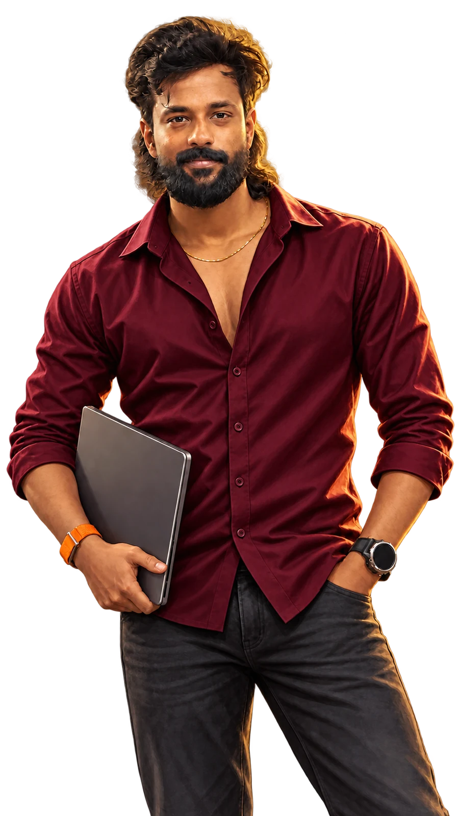 Anime illustration of Muthurajan S, web developer, holding a laptop